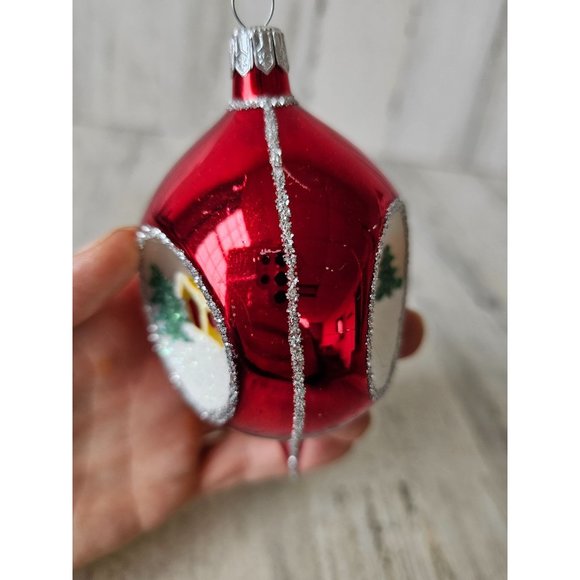 Vintage radko country scene reflector teardrop red glitter ornament Xmas indent - Picture 8 of 9